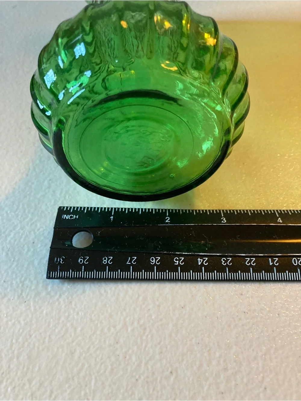 Green Glass Ribbed Hoosier Vase Textured Decorative 7.5” Tall 3.5” Diameter